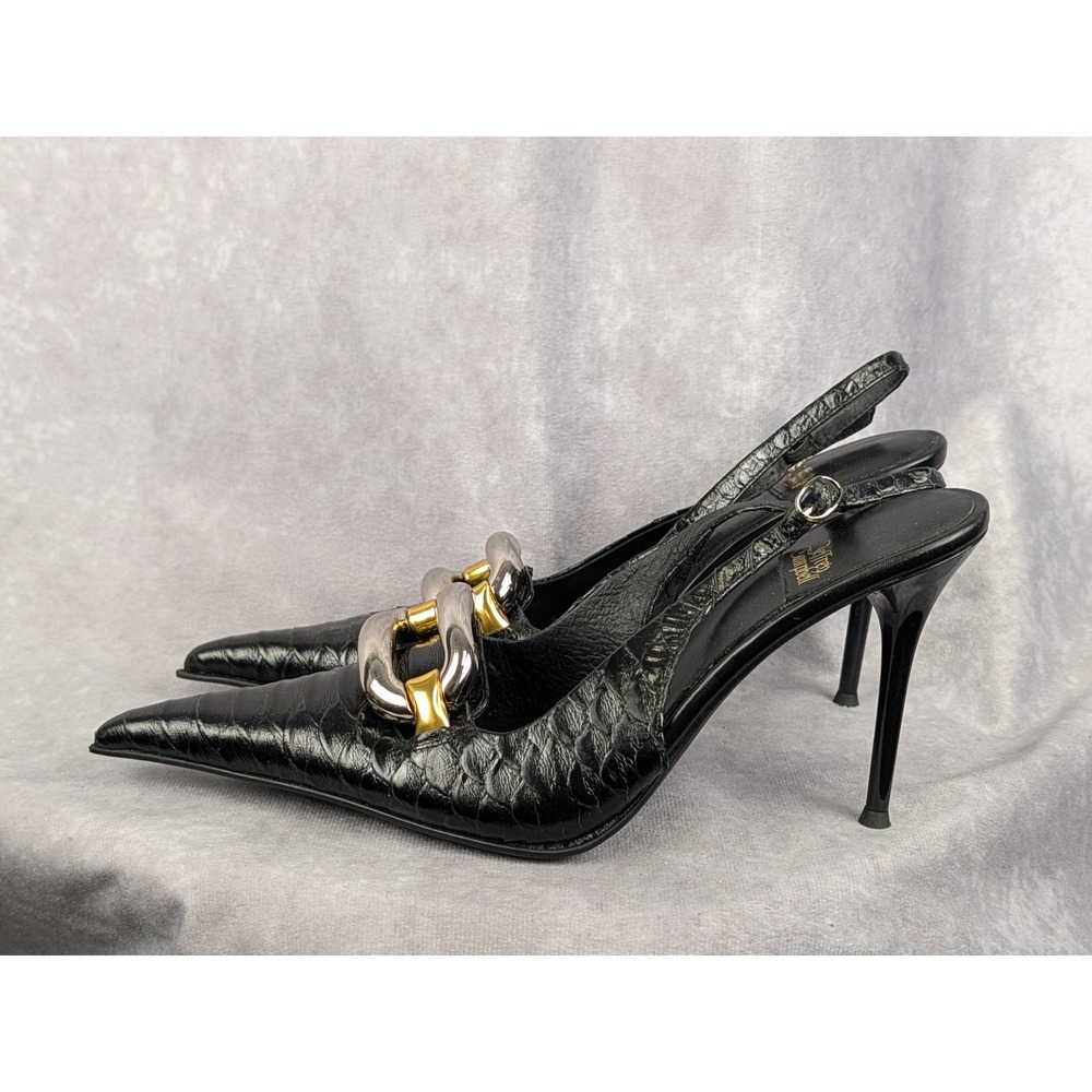 Jeffrey Campbell Enterprise Black Snake Slingback Chain Pointed Toe Heel Size 8M